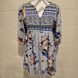 Umgee Floral Boho Baby Doll Dress V Neck Mini Balloon 3/4 Sleeves Size Small.